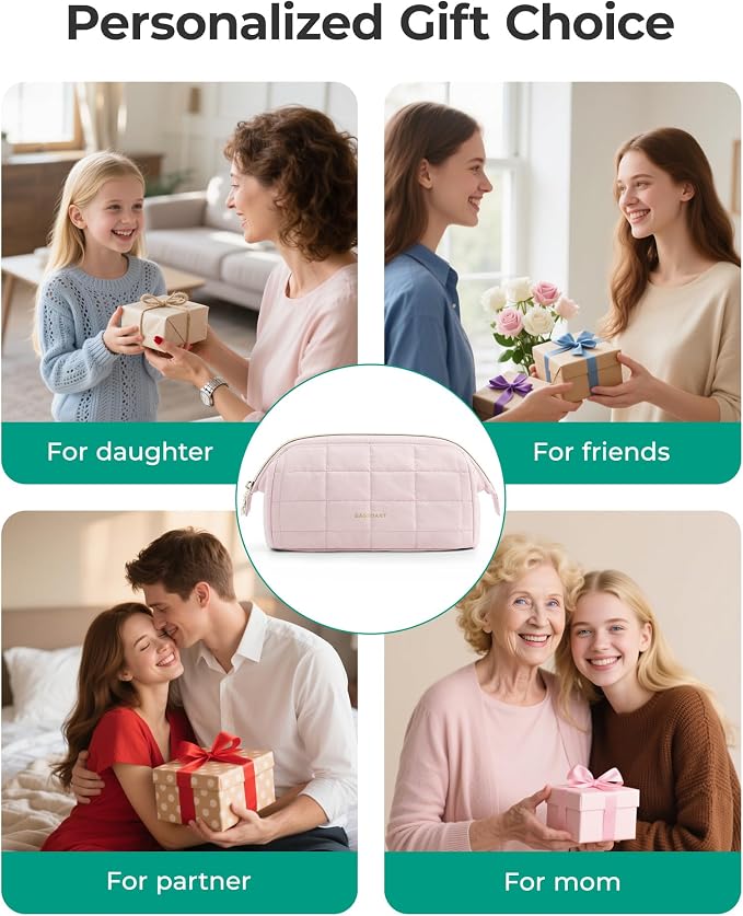 BAGSMART Makeup Bag Travel Toiletry Bag, Wide-open Zipper Pouch, Dusty Rose | Puffy Padded, Travel Essentials, Make Up Bag, For Women, Makeup Organizer, Toiletries Accessories Brushes