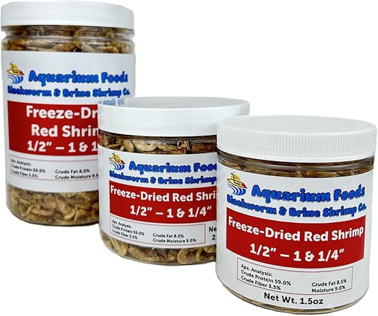 Aquatic Foods Inc. Red River Shrimp - Freeze-Dried 1/2" to 1&1/4" Red River Shrimp for Cichlids, Koi & Pond Fish, Aquatic Turtles, All Community Tropical Fish, Reptiles, Rodents…1.5oz Sm Round Jar