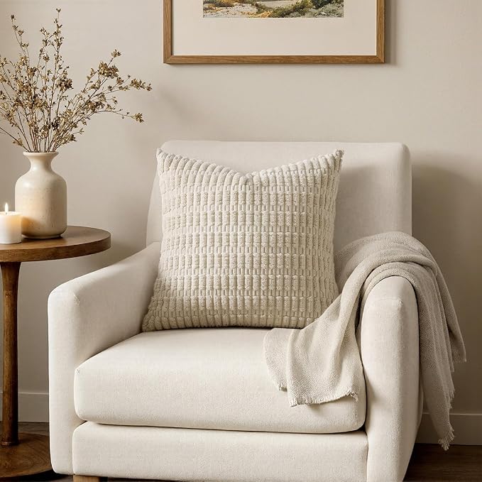 MIULEE Pack of 2 Corduroy Decorative Throw Pillow Covers 12x12 Inch Soft Boho Striped Pillow Covers Modern Farmhouse Home Decor for Sofa Living Room Couch Bed Cream White