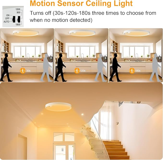Eleganted Motion Sensor Ceiling Light Hard Wired，8.7 Inch LED Flush Mount Ceiling Light Fixture,3000k/4000k/6000k Selectable 18W Ceiling Lights for Pantry Hallway Stairwell Porch 2 Pack