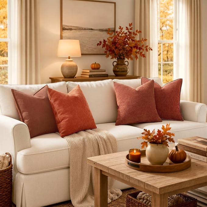 MIULEE Pack of 2 Fall Burnt Orange Euro Shams Chenille Pillow Covers 24x24 | Decorative Soft Couch Throw Pillows,Farmhouse Cushion Covers,Elegant Design for Sofa,Bed,Living Room,Summer Decor