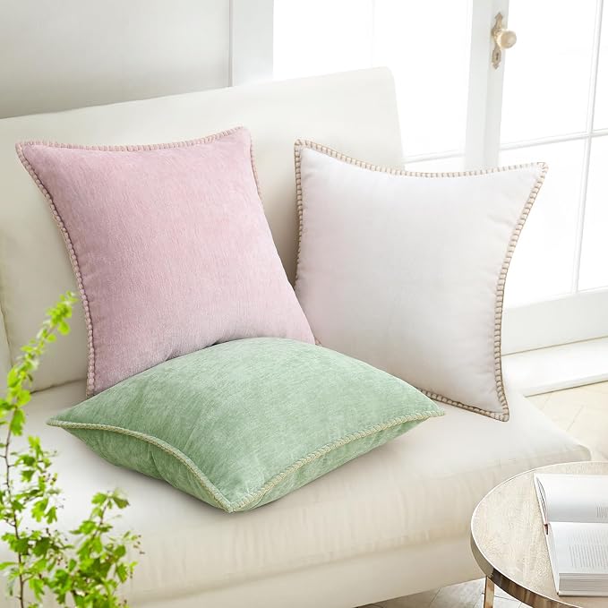 decorUhome Soft Chenille Throw Pillow Covers 20x20 Set of 2 Cream White | Fall Textured Decorative Throw Pillow Cases Stitched Edge Modern Farmhouse Luxury Boho Velvet for Couch Sofa Bed Home Decor
