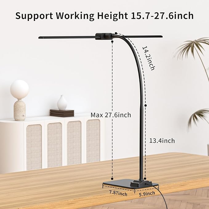 KableRika Desk Lamp Double Light: Bright Led Desk Lights for Home Office - Eye Care Reading Table Lamps with Base - Dimmable Desktop Lighting for Computer Monitor Study Drafting