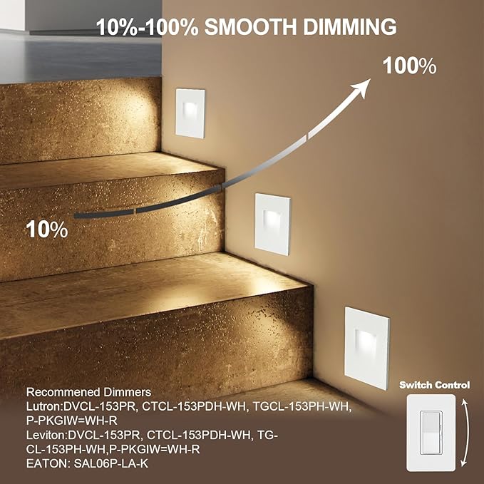 Vertical LED Recessed Step Light Fixture, 5CCT Selectable, IP65 Waterproof, 3W 70LM, 120V Stair Light Indoor Outdoor, 10%-100% Dimmable, White, ETL Listed - 4PK