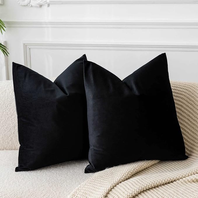 Black 18x18 Throw Pillow Covers Decorative Velvet Cushion Covers Set of 2 | Soft Pillow Cases with Invisible Zipper for Modern Couch Sofa Bed Living Room Bedroom Home Decor Halloween