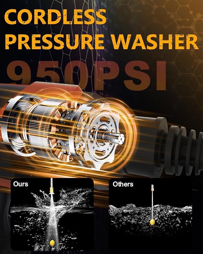 Cordless Pressure Washer, Portable Pressure Washer Battery Powered Max 950PSI, 1.2GPM with 1 * 21V 4.0Ah Rechargeable Battery, 20FT Drain Hose, Electric Power Washer for Car, Floor, Red