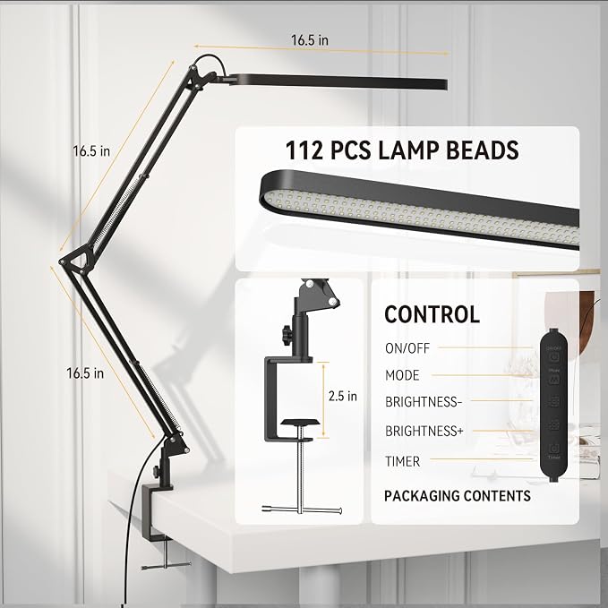 SKYLEO Desk Lamp for Home Office, Eye Comfortable LED Desk Light for Long Hours, Adjustable Swing Arm with Memory Function, Black