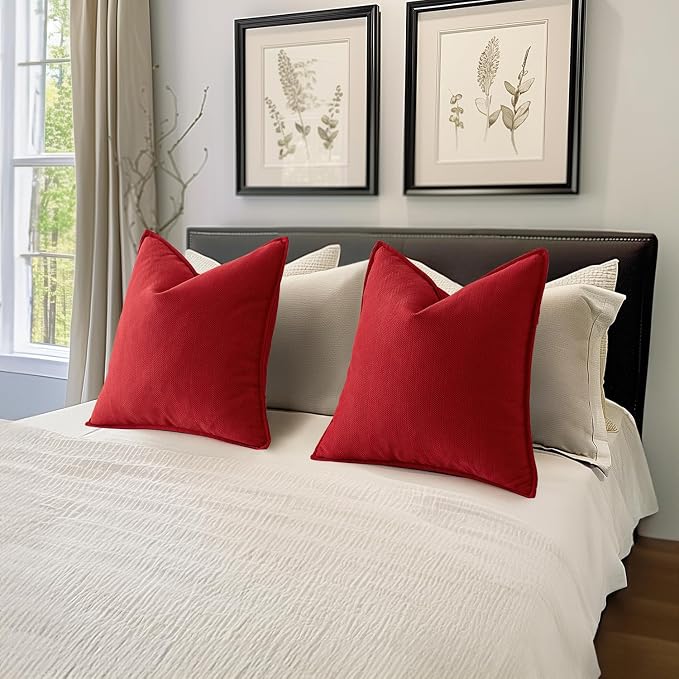 MIULEE Pack of 2 Red Decorative Chenille Pillow Covers 18x18 Inch | Soft Couch Throw Pillows,Farmhouse Cushion Covers with Elegant Design for Sofa,Bedroom,Living Room,Spring Home Decor