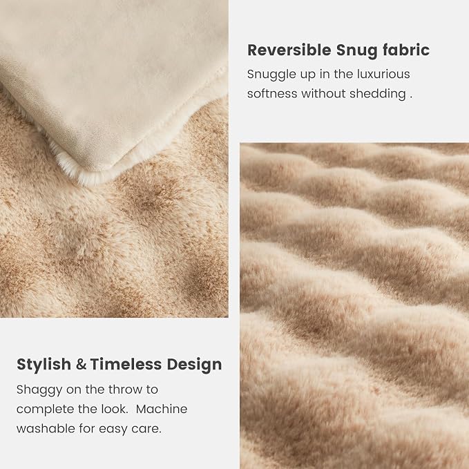 Cozy Bliss Faux Fur Throw Blanket for Couch, Fuzzy Soft Plush Thick Bubble Blanket for Sofa Bedroom Living Room, 60 * 80 Inches Beige