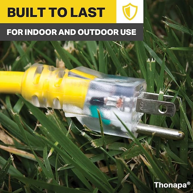 Thonapa Lighted Outdoor Extension Cord 15 ft - 12 Gauge 15 Amp Heavy Duty Power Extension Cords - SJTW - Great for Major Appliances, Power Tools, Garden Supplies - Yellow