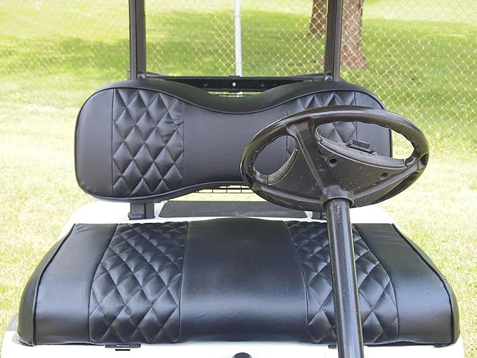 Huskey 2PCS Golf Cart Front Seat Covers for Club Car DS 2000.5 UP G&E Models Custom Two-Tone Black Diamond Stitching with Black Piping, Marine Grade Vinyl Material, Staple on Design