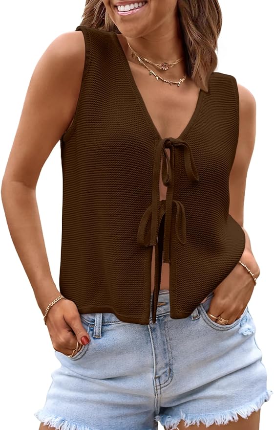 LILLUSORY Womens Tie Front Tops Vacation Sweater Vest | Bohemian Style, Beach Resort Wear, Concert Western Outfits, Crochet Tops, Vacation Outfits, Cute Y2k Sleeveless 2026