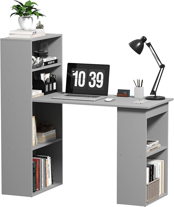 HOMCOM Modern Home Office Desk with 6-Tier Storage Shelves, 47", Gray | Writing Desk, Bookshelf