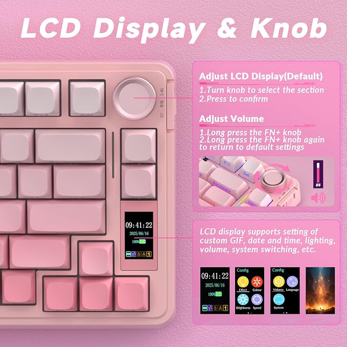AULA S75 PRO Wireless Mechanical Keyboard with Screen&Knob, Tri-Mode Hot Swappable Gaming Keyboard 75%, Pre-lubed Switches, RGB Backlit, Side Printed PBT Keycaps, Creamy Sounding Pink Keyboards