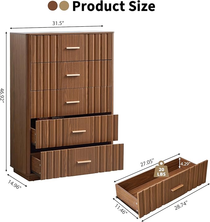 Fluted 5 Drawers Dresser for Bedroom, Wooden Tall Storage Dresser TV Stand, Curved Profile Modern Chest of Drawers, Wood Closet Clothes Storage Organizer for Living Room Hallway,Walnut 2 Sets