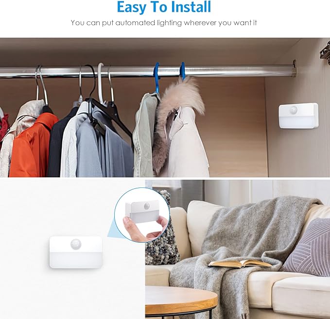6 Pack Motion Sensor Stair Lights for Indoor, Battery-Operated LED Night Light, 40 Lumen 6500K, Cordless Closet Light, Safe Lights for Stairs, Hallway, Bathroom, Bedroom,Kitchen, Cabinet