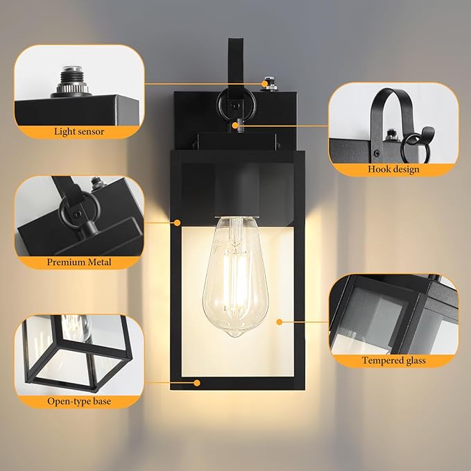 2 Pack 11.8-inch Dusk to Dawn Outdoor Wall Lights, Black Exterior Light Fixture with Clear Tempered Glass, IP65 Waterproof All-Metal Sconce for Porch, Front Door, Garage