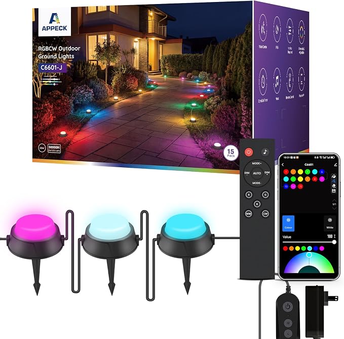 APPECK Outdoor Ground Lights 15 Pack, 32FT RGBCW Pathway Lights Wired | Color Changing Landscape Lights, 2200-6500K CCT, IP65 Waterproof, for Path Garden Lawn, Holiday/Party Decor, Alexa Compatible