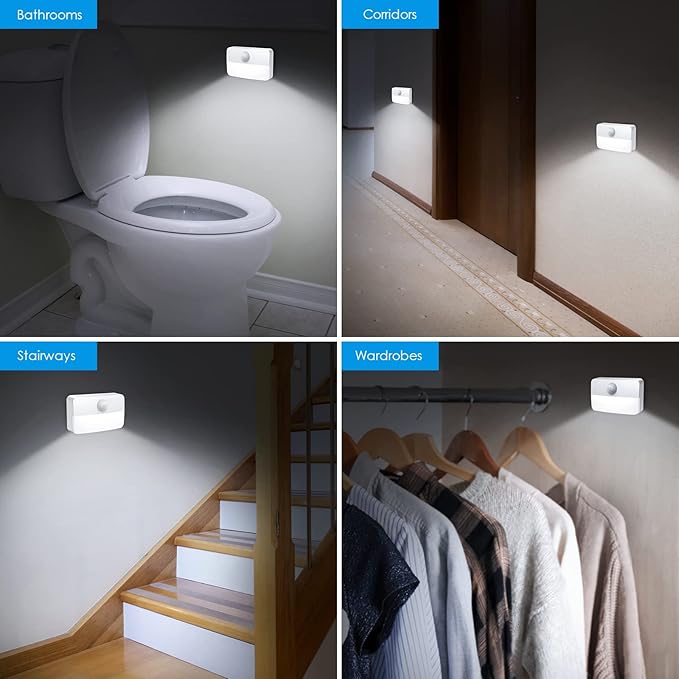 6 Pack Motion Sensor Stair Lights for Indoor, Battery-Operated LED Night Light, 40 Lumen 6500K, Cordless Closet Light, Safe Lights for Stairs, Hallway, Bathroom, Bedroom,Kitchen, Cabinet