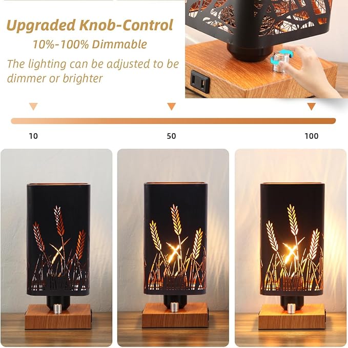 Industrial Table Lamp with USB Ports and Outlet, Rustic Dimmable Bedside lamp with Charging Station, Metal Square Shadow Nightstand Lamp, Night Light for Kids Bedroom Living Room End Tables