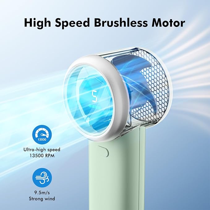 WHATOOK Portable Handheld Turbo Fan, 5 Speeds Mini Personal Fan with 4000mAh Rechargeable Battery, Small Pocket Fan for Travel Essentials, Beach, Office, Gifts for Women Men - Mint Green