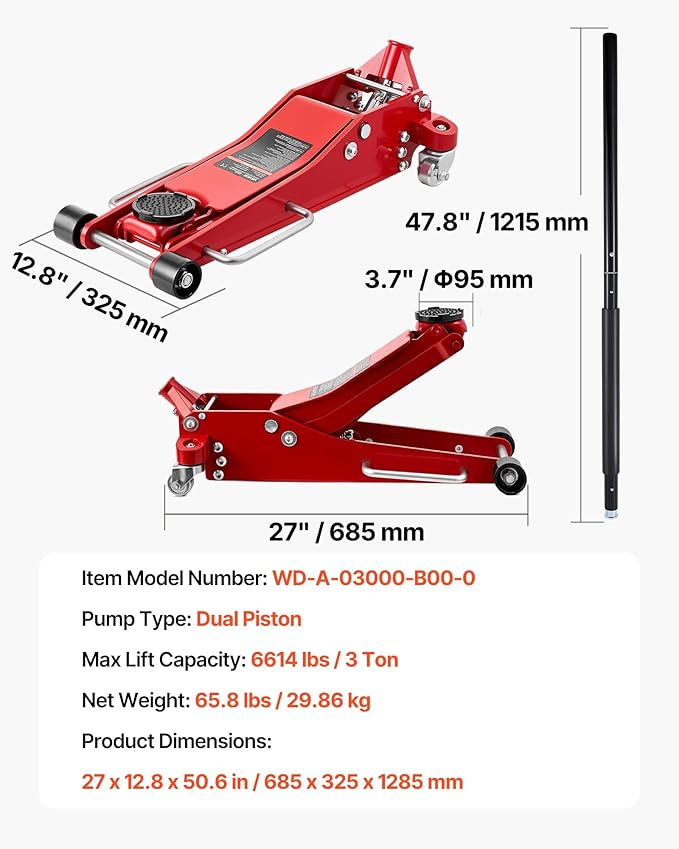 VEVOR Low Profile Floor Jack, 3 Ton (6614 lbs) Capacity, Aluminum Racing Floor Jack with Dual Pistons Quick Lift Pump, Hydraulic Trolley Car Lift for Sports Car, SUV, Pickup, Lifting Range 3.3"-20.3"