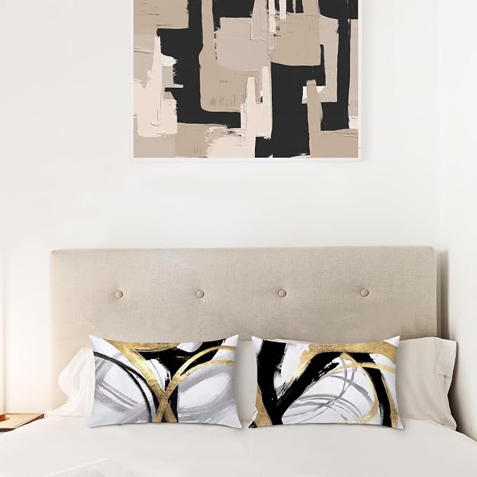 Black White and Gold Pillow Covers, Abstract Black and Gold Pillow Covers 12x20 Set of 2, Modern Boho Home Decor, Black and Gold Decorative Throw Pillows Cover for Couch Living Room Bedroom