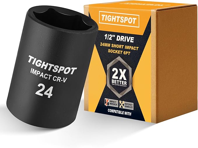 TIGHTSPOT 1/2 Inch Drive 24mm Shallow Impact Socket with Anti-Rounding 6 Point Design, Heat-Treated CRV Steel