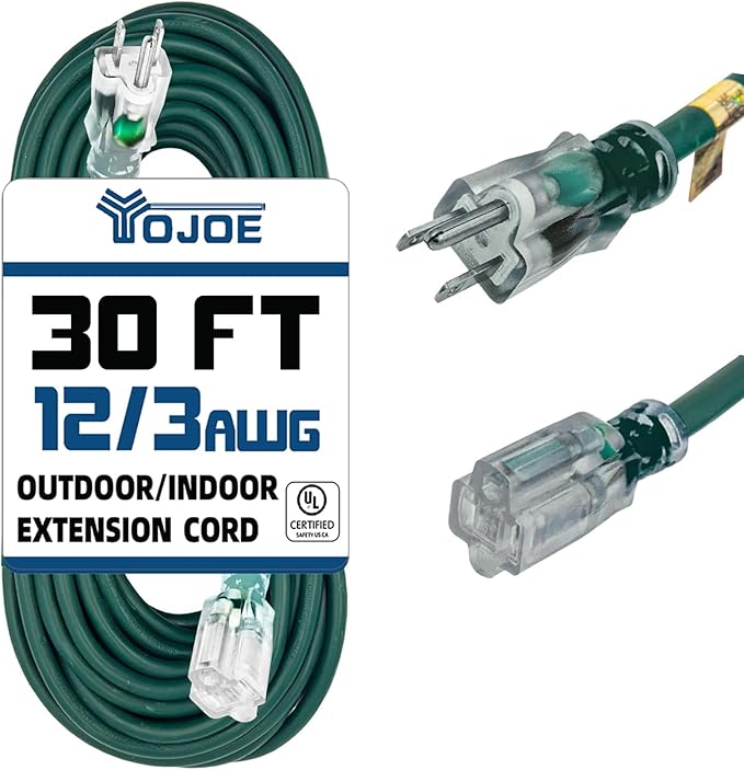 YOJOE Indoor Outdoor Extension Cord with Lighted End, 3 Prong 15A Weatherproof Power Cord, 12 Gauge Heavy Duty 30 ft Green Extension Cord for Garage, Garden and Home, 12/3 SJTW UL Listed