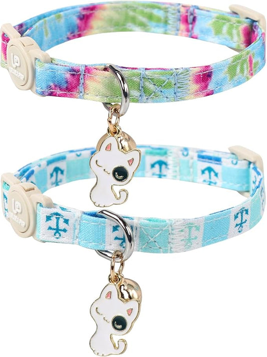 Cat Collar, 2 Pack Cat Collars Cute Breakaway Tiedye Cat Collar with Bell, Holiday Kitten Collars Summer Blue Grid Kitty Collar with Safety Buckle for Girl and Boy Cats