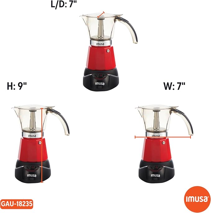IMUSA 6 or 3 Cup Electric Espresso Coffee Maker with Cool-touch Handle, Red | Detachable Base, Visual Brewing Indicator, Durable Aluminum Construction, Ideal for Cuban and Italian Coffee