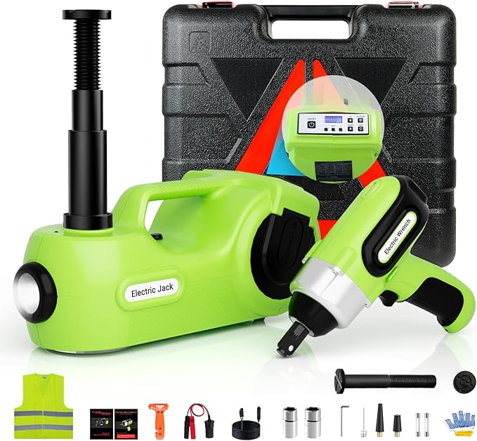 Electric Car Jack Kit 5Ton 12V Car Jack Hydraulic (Lifting Range: 6.1-20.86 inch) with Impact Wrench & Inflator for SUV MPV Sedan Truck with LCD Tire Pressure Display