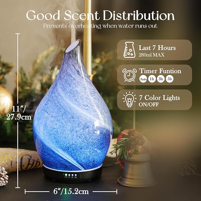 Porseme 280ml Essential Oil Diffuser Glass Color Changing Aroma Air Diffusers Aromatherapy Ultrasonic Cool Mist Humidifier 7 Running Hours Waterless Auto-Off for Sleeping, Yoga, Office, Spa (Obsidian)