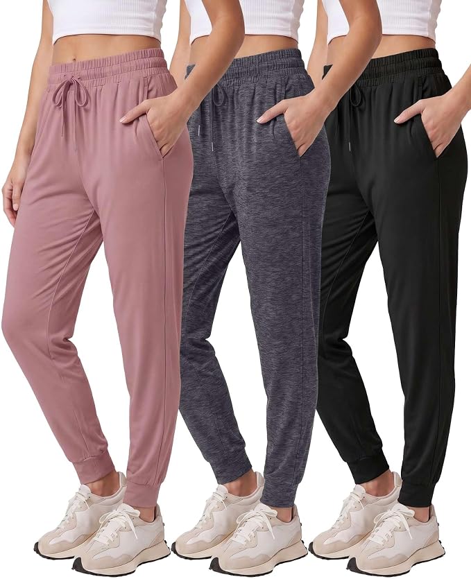 3 Pack Women's Lounge Joggers Sweatpant Active Athletic Yoga Workout Pocket | Available in Plus Size, Ladies Casual, Drawstring Gym Pants, Sleep Bottoms, Hiking, Running, Fitness, Exercise, Pajama, Soft