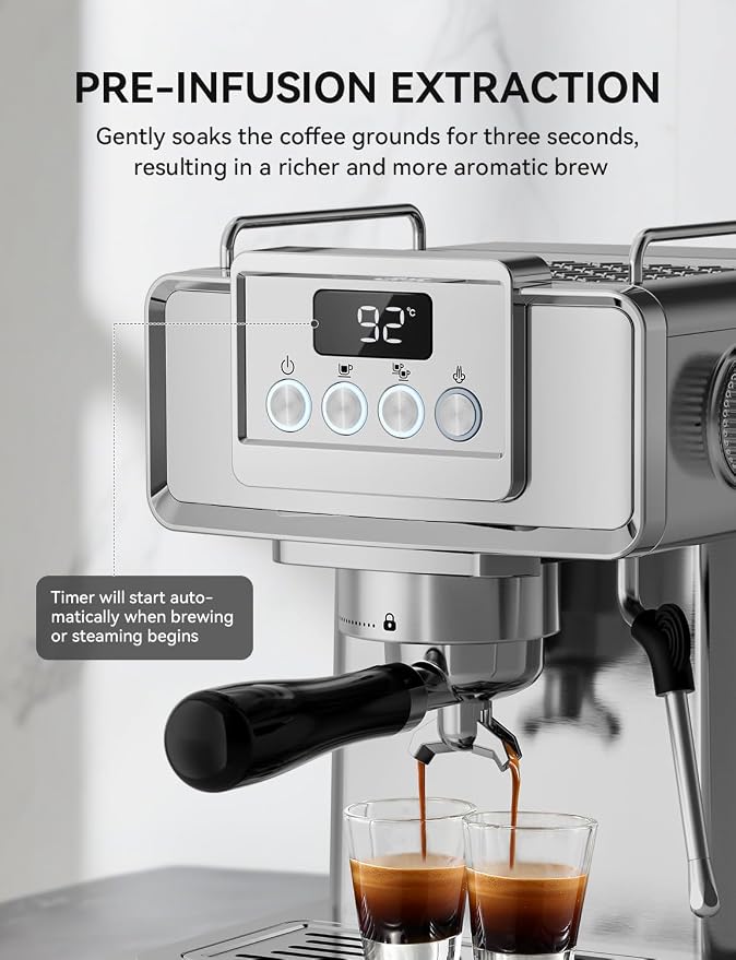 SUMSATY 20 Bar Espresso Machine Stainless Steel with Powerful Milk Frother | LED Display Espresso Coffee Machine 1350W Fast Heating Home Barista to Make Latte Cappuccino, Pre-Infusion, 61oz Water Tank