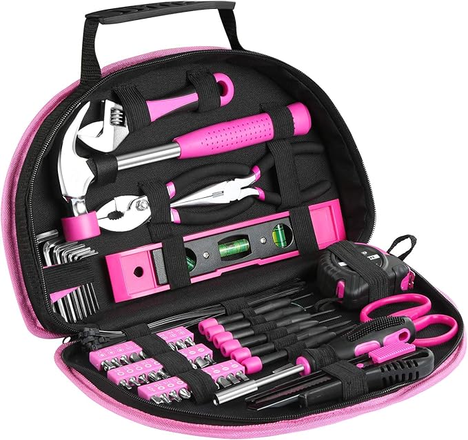 89 Piece Pink Tool kit, Ladies Hand Tool Set with Easy Carrying Round Pouch Household Tool Kit Perfect for DIY, Home Maintenance and Dorm Repair