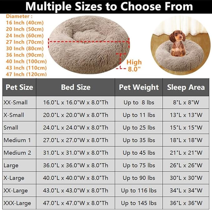 Calming Donut Dog & Cat Bed, 36 Inch Round Fluffy Dog Beds for Small Medium Large Dogs and Cats Anti-Anxiety, Puppy Bed, Washable Round Cozy Soft Pet Bed (Light Grey)