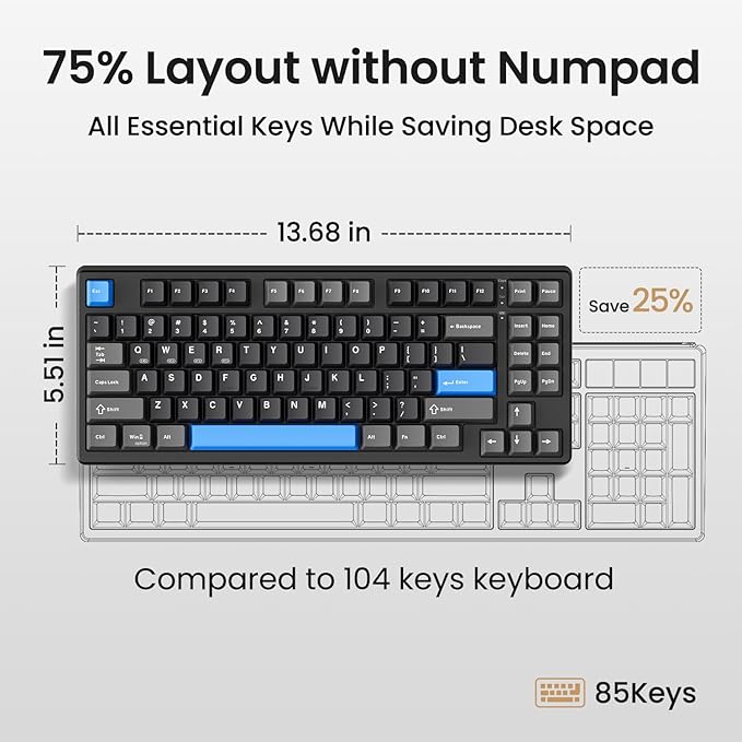Kisnt KN85 Wireless Mechanical Keyboard, 75% Layout, Bluetooth/2.4GHz/USB-C, Custom RGB Backlit, Hot-Swappable Linear Switch, Creamy Sound for Gaming/Typing (Textured Black)