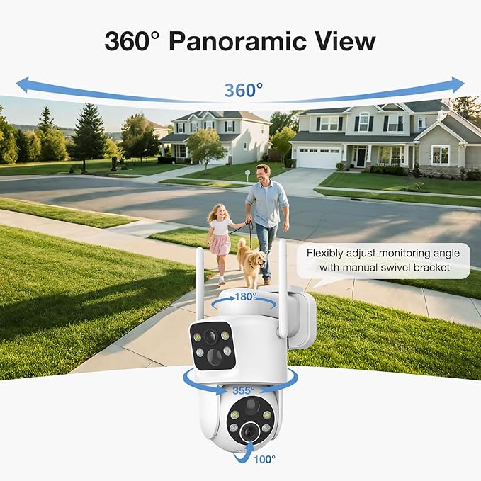 Dual Lens Solar Security Cameras Wireless Outdoor, 2K Full HD Video, 360° View Pan/Tilt Home Security Camera with Color Night Vision, Easy to Install, PIR Alarm, 2.4GHz WiFi