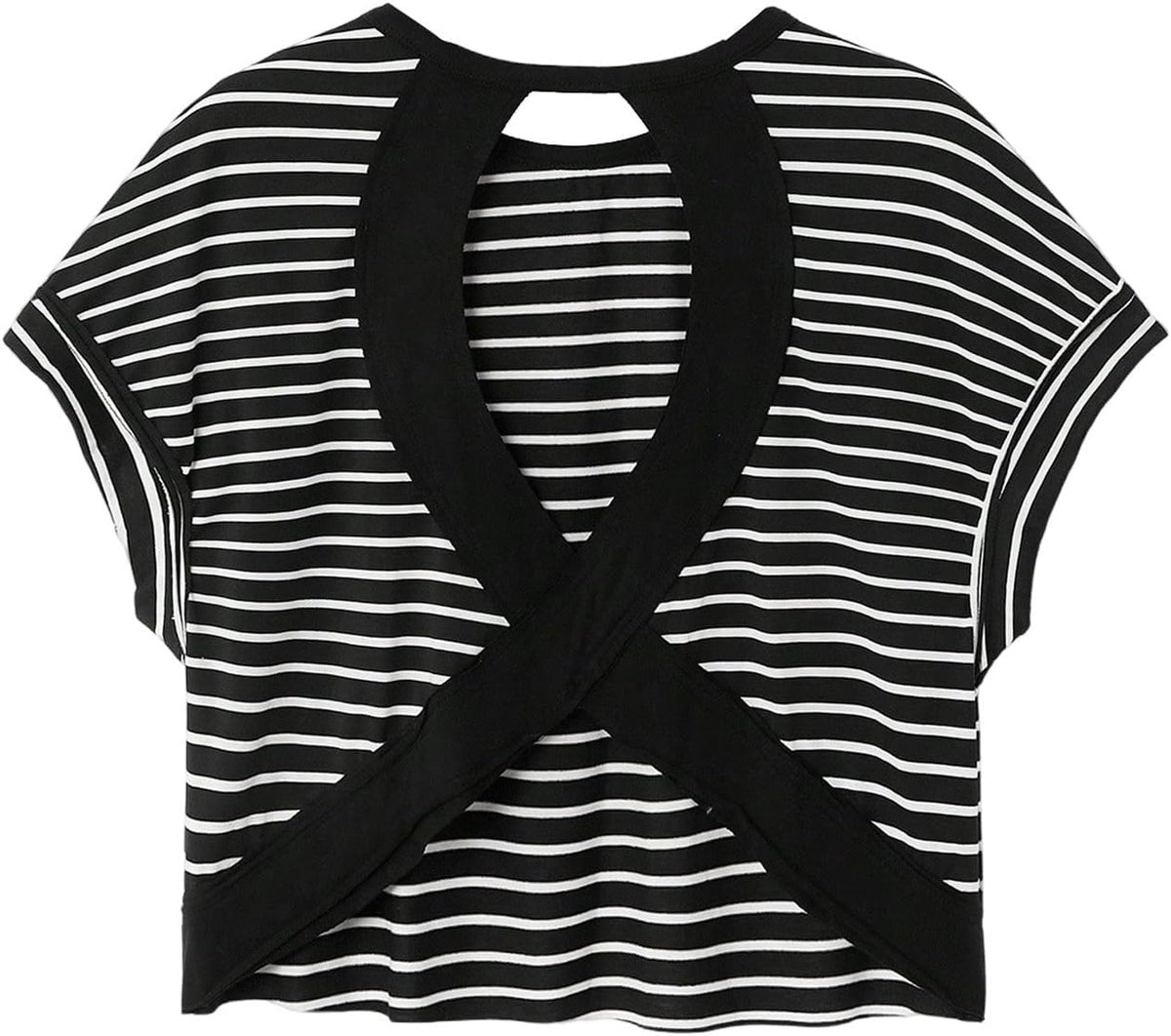 WDIRARA Women's Workout T-Shirt - Stripe Open Back Design | Short Sleeve Criss Cross Tee