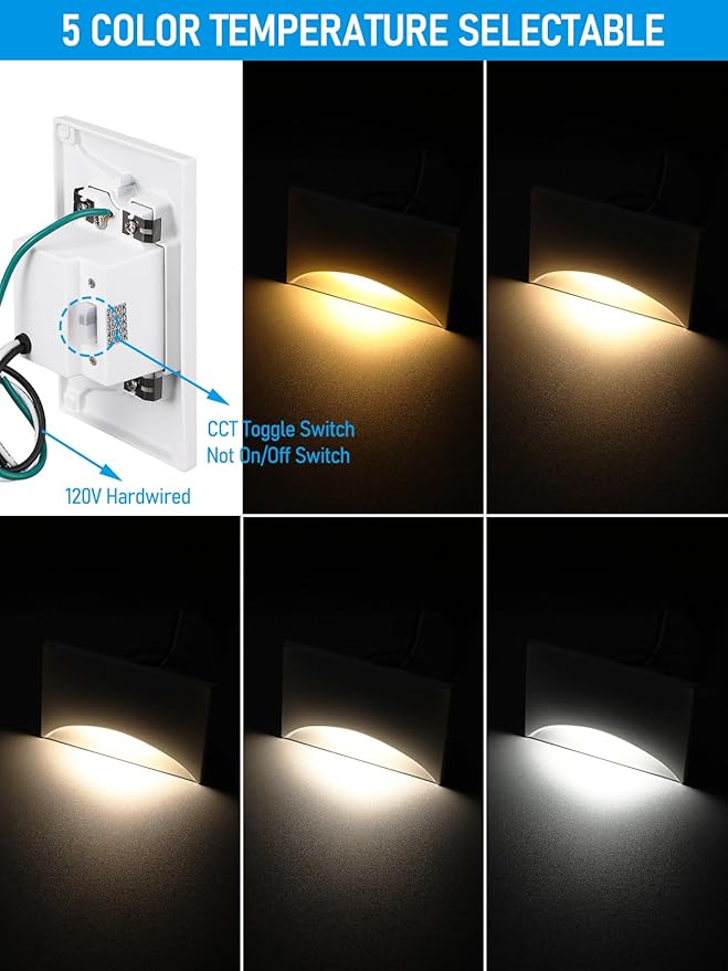 LEONLITE White 5CCT 120V LED Step Lights, 150LM 5%-100% Dimmable Stair Lights Indoor Outdoor IP65 Waterproof, Aluminum Anti-Glare Shell, CRI90 ETL 2700K/3000K/3500K/4000K/5000K, Pack of 3