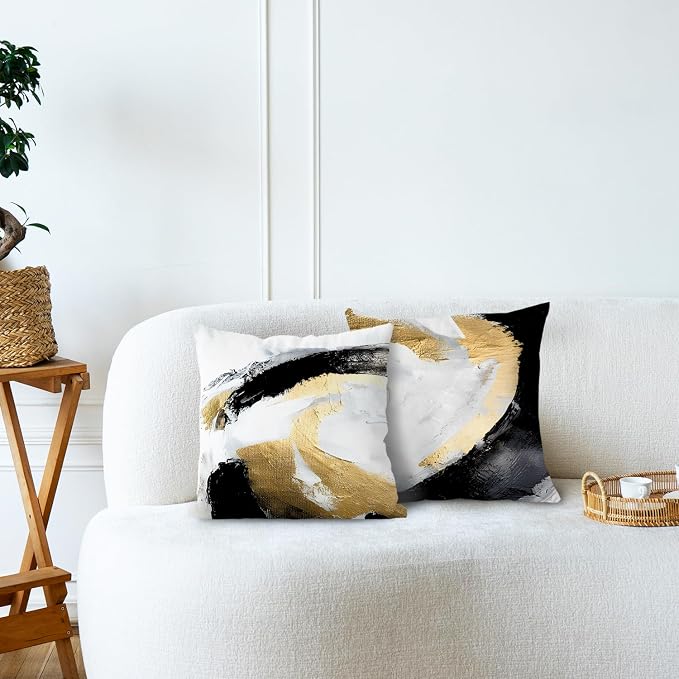 Abstract Black White and Gold Pillow Covers 24x24 Set of 2 - Modern Pillow Covers, Modern Home Decor, Black and Gold Decorative Pillows Cover for Couch Living Room Bedroom