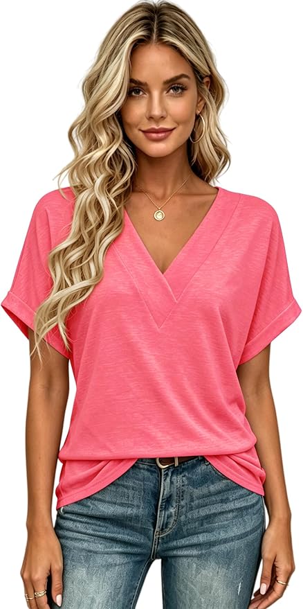 T Shirts Short Sleeve V Neck Tees Womens Tops Beach Vacation Fashion Clothes 2026 Casual Summer Spring Fall Outfits