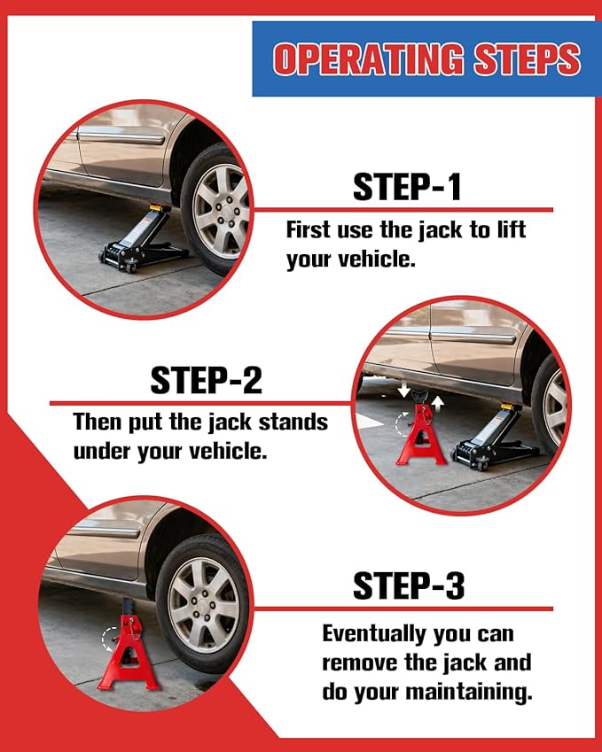 6 Ton Jack Stands (13,200Lbs) - Heavy Duty Car Jack Stand with Double Pin Locking, Adjustable 15.6"-23.4" Height, Extra Rubber Pads for Trucks, Garage, Home,DIY Use - 1 Pair Red