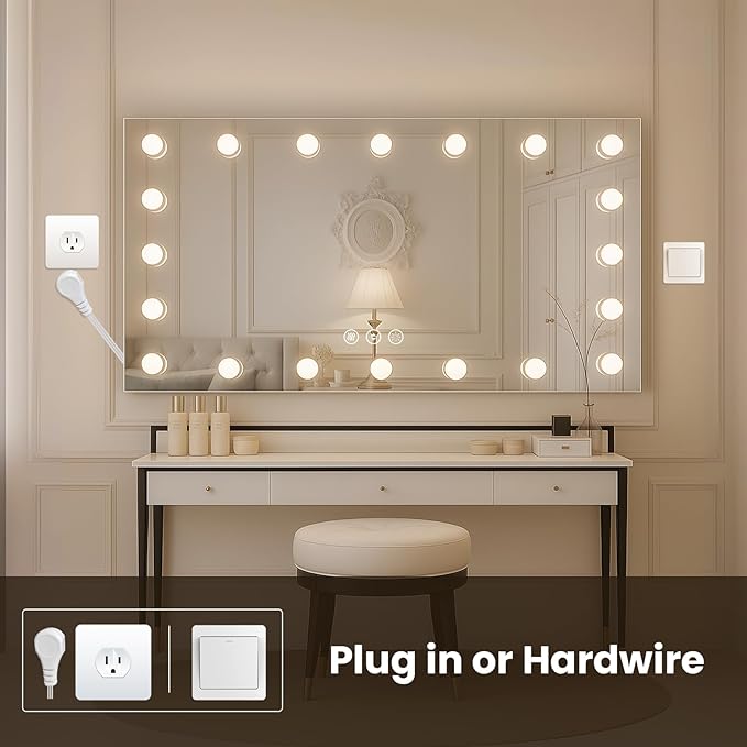 WTTY LED Bathroom Mirror with Lights 55"x36" Hollywood Wall-Mounted Mirror with 3 Color Temperatures, Stepless Dimmable Bulbs, Anti-Fog & Shatter-Proof