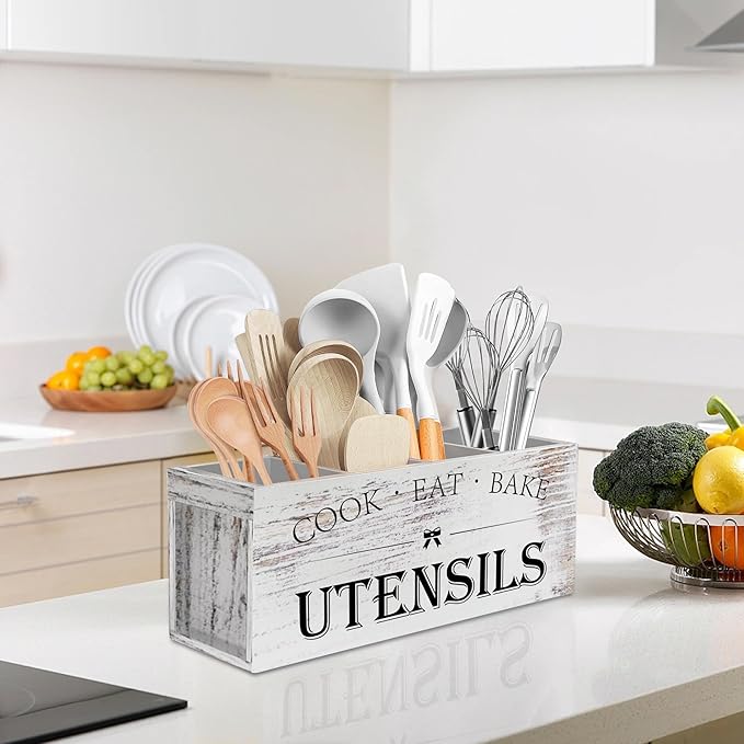 Suli Extra Large Kitchen Utensils Holder with 4 Compartments, Wooden Utensil Organizer for Kitchen Countertop, Farmhouse Decor, Rustic Cooking Utensil - White grain