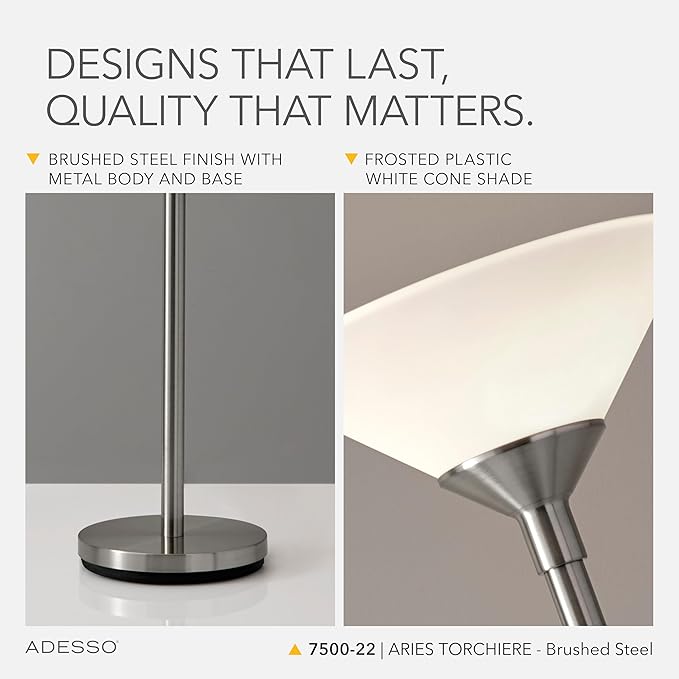 Adesso Brushed Steel Torchiere Floor Lamp with Frosted White Shade - 300W Double Socket Construction, Modern Accent Lighting for Bedroom, Living Room, or Home Office, 73” Tall