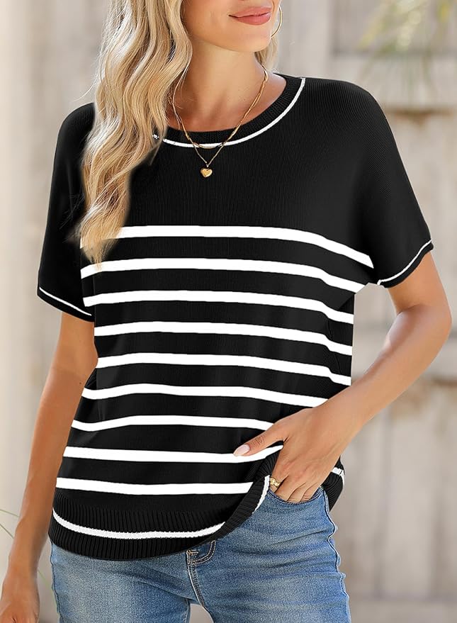 SHEWIN Womens Tops Trendy Short Sleeve Shirts Crewneck Lightweight Knit Sweater Top Business Casual Outfits