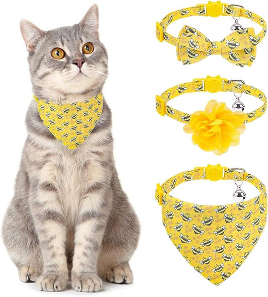 Breakaway Cat Collars with Bell & Cute Pendants - 3 Pack Adjustable Safety Kitten Collars - Decoration for Girl Boy Cats Puppy and Small Pets (Style C - Bee)