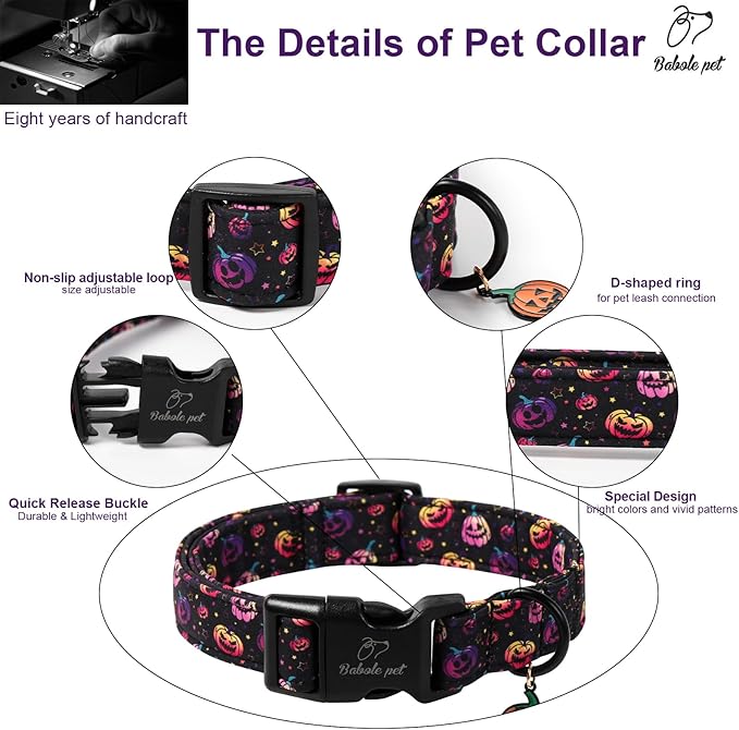 Halloween Dog Collar Spooky Fun Pumpkin Puppy Collar - Light Comfortable Adjustable Pet Collars for Small Medium Large Girl Boy Dogs M